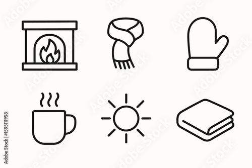 out stroke icon warmth (comfort): hearth scarf mitten hot mug sunbeam blanket. out stroke icon