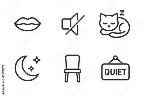 out stroke icon silence (serenity): closed lips mute icon sleeping cat night sky empty chair quiet sign. out stroke icon
