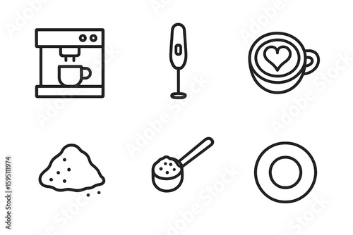 out stroke icon coffee (equipment): coffee machine milk frother latte art coffee grounds coffee scoop saucer. out stroke icon