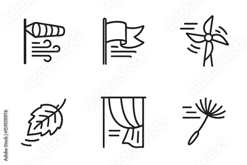 out stroke icon wind (movement): wind sock fluttering flag spinning windmill falling autumn leaf draping curtain airborne dandelion seed. out stroke icon