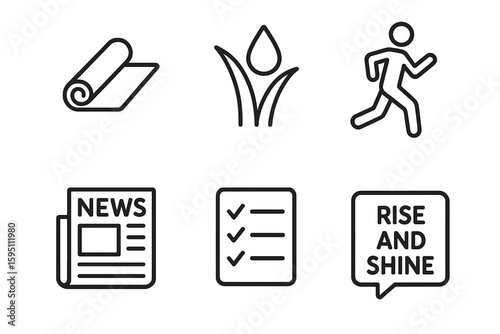 out stroke icon morning (activity): yoga mat morning dew jogger newspaper to do list motivational quote. out stroke icon