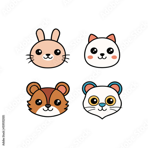 Cute kawaii animal faces collection featuring rabbit hamster and panda