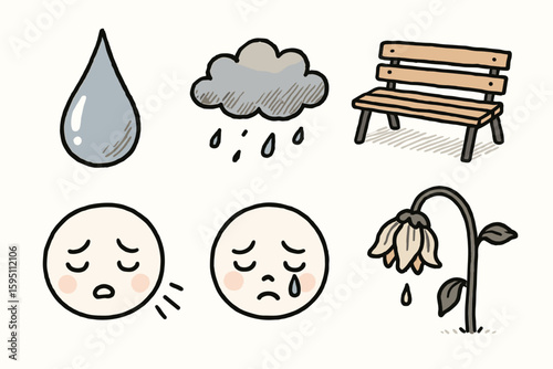 hand drawn cute doodle style isolated tear drop dusk lonely bench heavy sigh quiet sob withe bloom