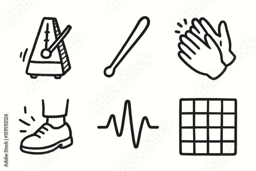 hand drawn cute doodle style isolated rhythm (beats): metronome dmstick clapping hands foot tap pulse wave beat