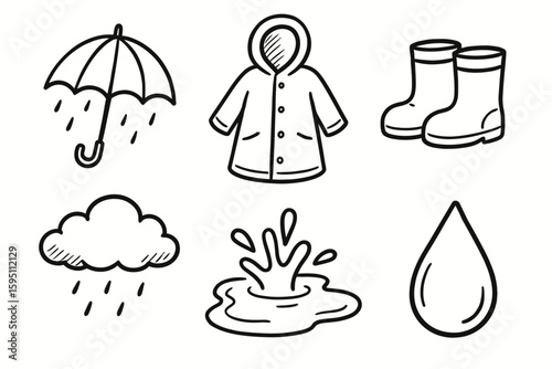 hand drawn cute doodle style isolated rain (weather gear): umbrella raincoat rain boots storm cloud puddle splash raindrop
