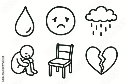 hand drawn cute doodle style isolated sadness (emotions): tear drop gloomy face slumped figure lonely rain cloud empty chair broken heart