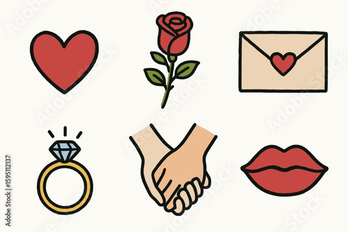 hand drawn cute doodle style isolated love (romance): heart symbol rose love letter engagement ring holding hands kissing lips