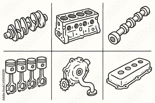 hand drawn cute doodle style isolated long block engine crankshaft long block engine cylinder head long block engine camshaft long block engine piston long block engine oil pump long block