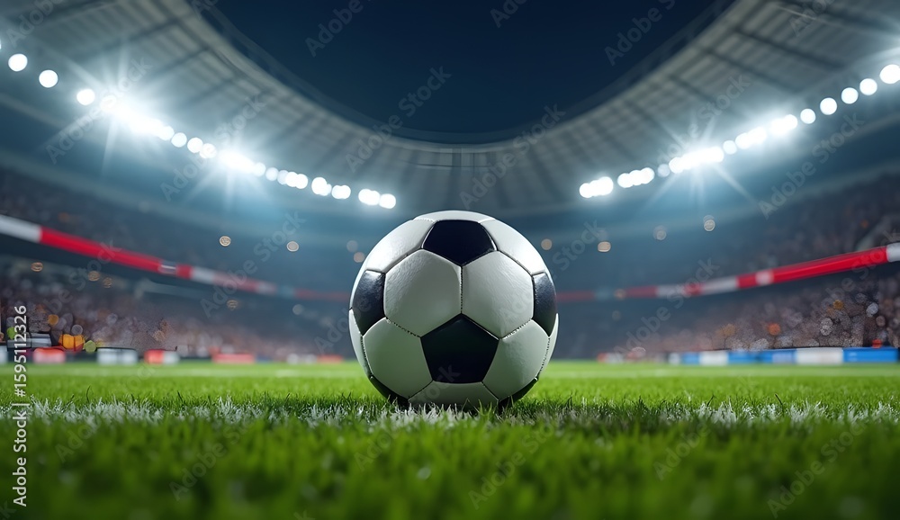 Naklejka premium Soccer Ball on Field with Stadium Lights in Background