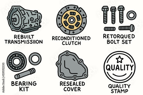 hand drawn cute doodle style isolated rebuilt transmission core core housing rebuilt transmission core reconditioned clutch rebuilt transmission core retorqued bolt rebuilt transmission
