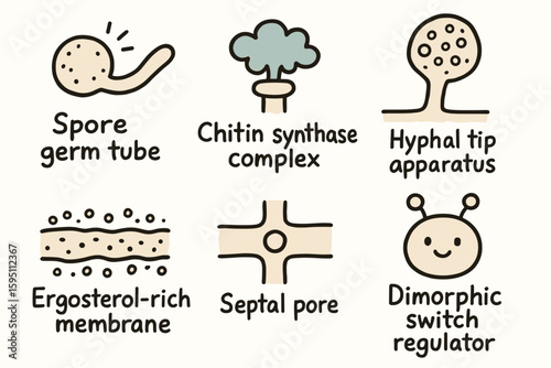 hand drawn cute doodle style isolated fungal infection spore germination tube fungal infection chitin synthase comple fungal infection hyphal tip apparatus fungal infection ergosterol rich
