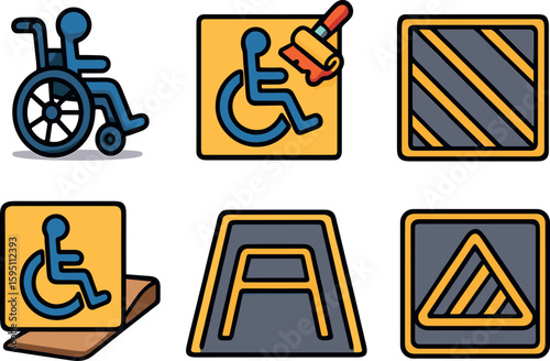 icons updated dynamic wheelchair icon freshly painted access logo crosshatched adjacent space symbol near curb ramp wide space marking warning out style isolated