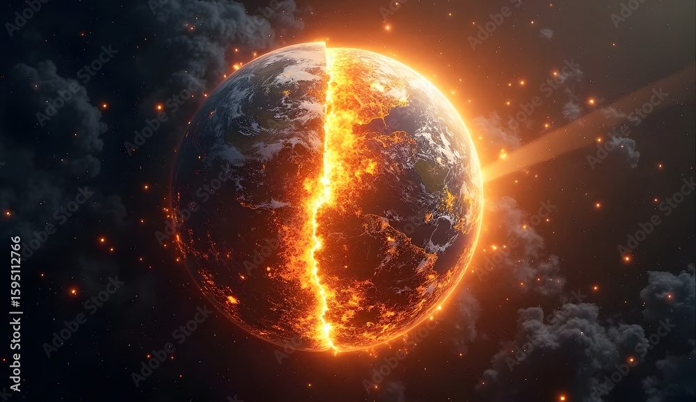 Obraz premium Earth on Fire Split by Fiery Energy Beam