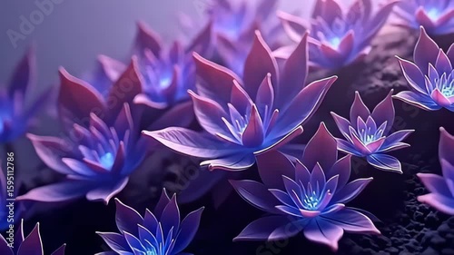 A tapestry of geometric molecules spiraling outward like cosmic lotus petal creates a mesmerizing dance, each shape morphing elegantly in luminous purples and blues, their movement