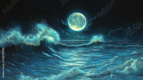 Ocean Waves Under a Full Moon at Night