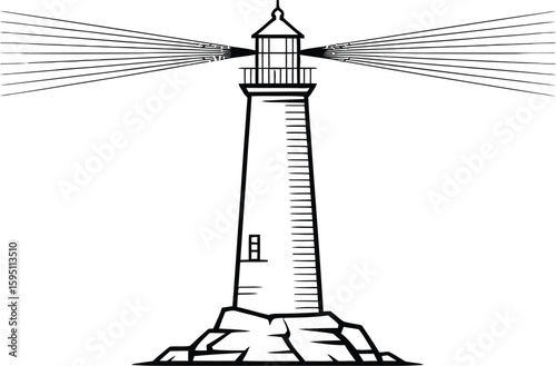 Black and white lighthouse illustration with light beams on white background