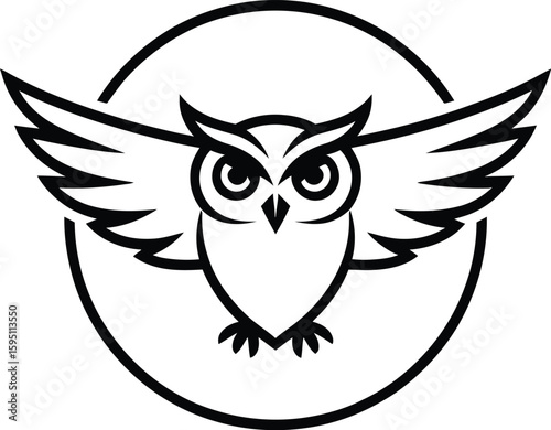 Black and white owl illustration inside a circle with spread wings