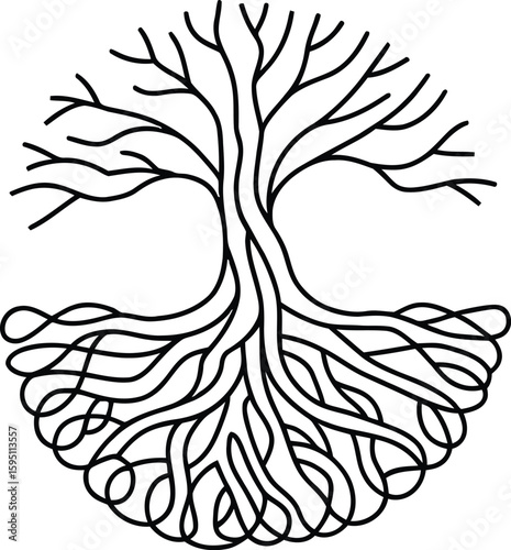 Black and white tree illustration with roots and branches on white background