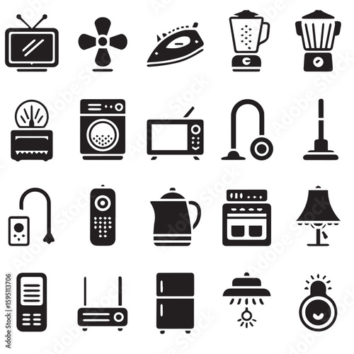 Black and white home appliances collection featuring household electronic symbols