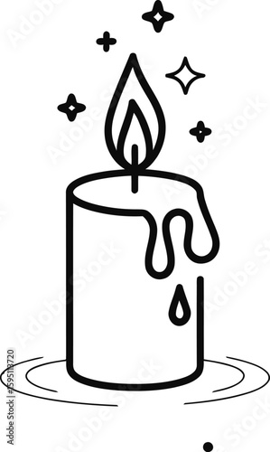 Black and white candle illustration with melting wax and starburst sparkles