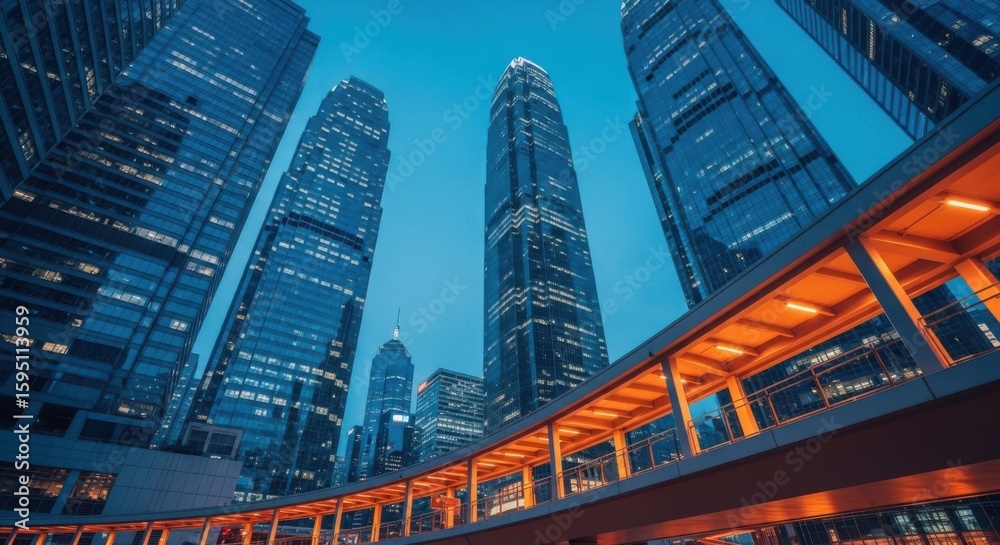 Obraz premium Modern Cityscape Architecture with Tall Skyscrapers and Elevated Walkway at Dusk