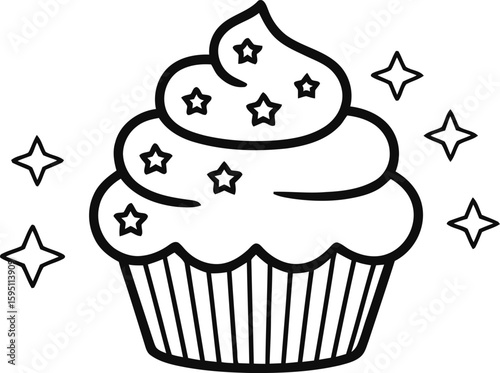 Black and White Cupcake Illustration with Star Decorations