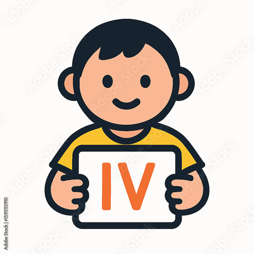 Joyful cartoon child holds sign with Roman numeral IV displaying education and learning