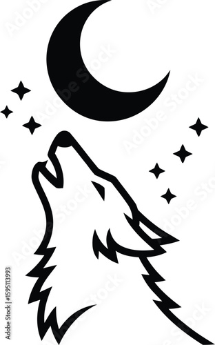 Black and White Wolf Howling at Crescent Moon and Stars