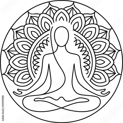 Black and White Meditation Illustration with Mandala Circle