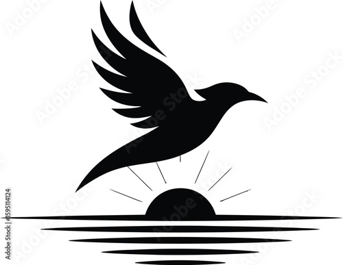 Black Bird Silhouette Flying Above Sun and Water wings