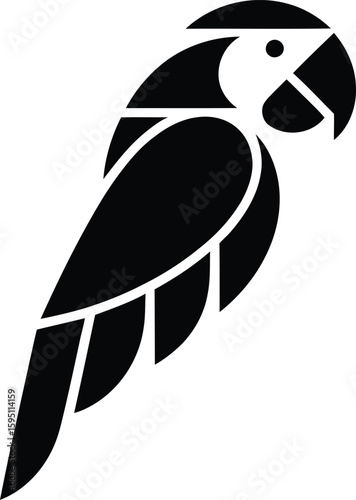 Black and White Geometric Parrot Illustration on White Background