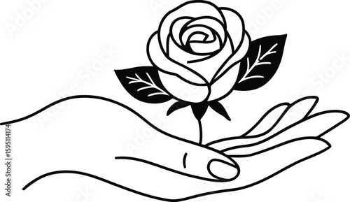 Hand Holding Rose Black and White Line Art Illustration