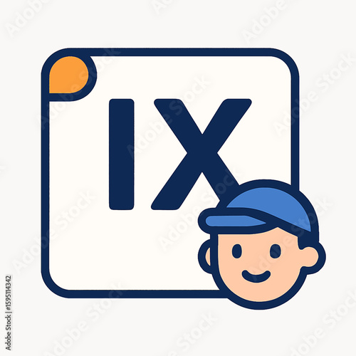 Cute stylized character with blue cap next to paper icon with roman numeral IX
