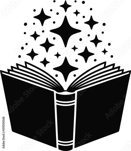 Black book with open pages and starbursts illustration