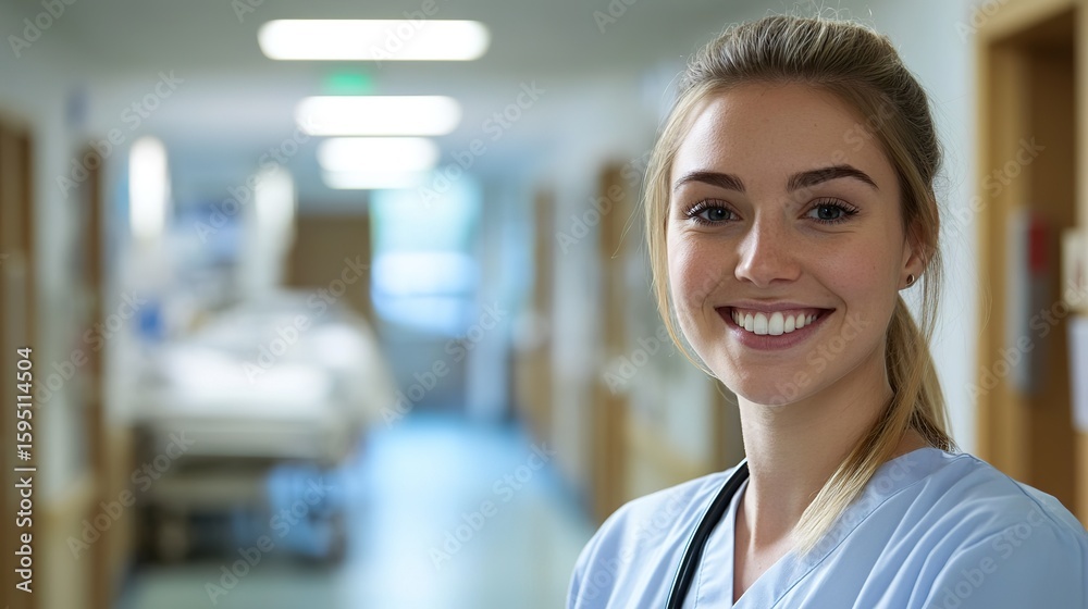 Fototapeta premium A smiling female nurse stands in a brightly lit hospital corridor, exuding warmth and professionalism.