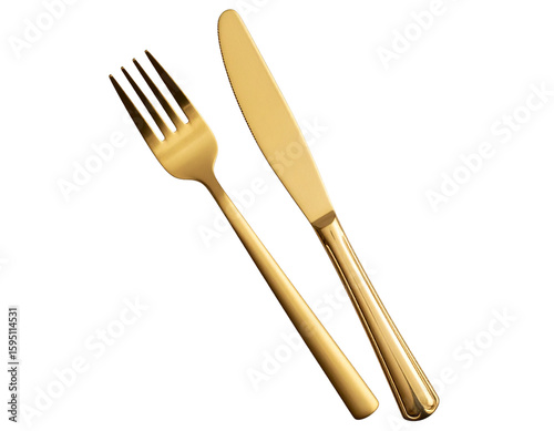 Top view of elegant matte gold fork and knife set isolated on transparent background PNG  