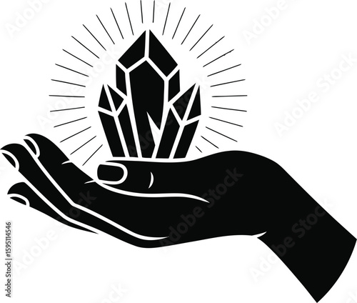 Black Hand Holding Geometric Crystals with Light Rays