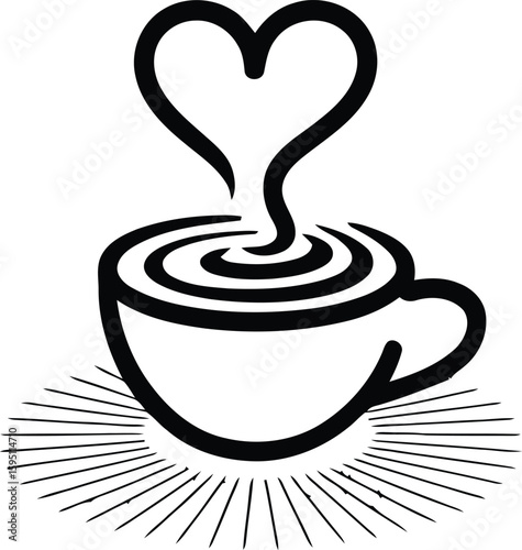 Black Coffee Cup with Heart Steam and Sunburst Base