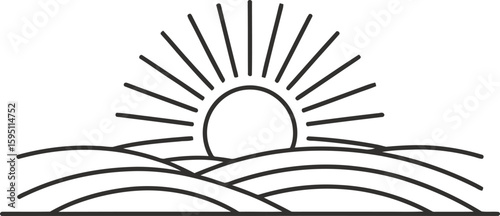 Black and white sunrise over rolling hills illustration
