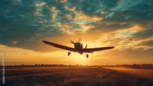 A vintage airplane skillfully takes off against the beautiful golden sunset, showcasing a peaceful countryside