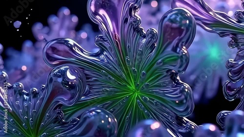 Envision the striking movement of layered molecule shaped like luminous ice fractals as they spiral and transform, bursting with vivid purples and greens, the high-definition display