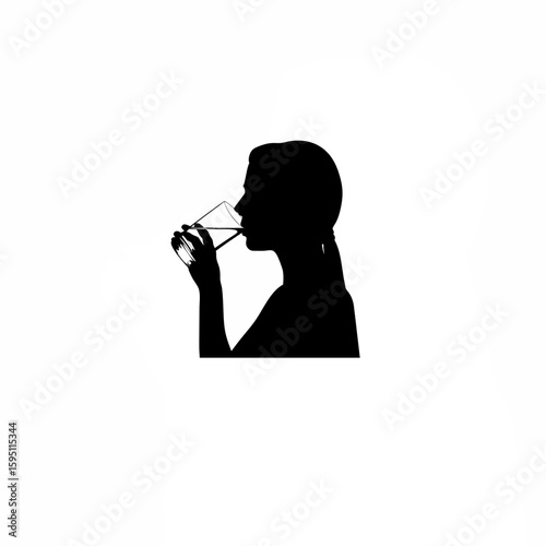 Woman Drinking Water from Glass Silhouette on white background