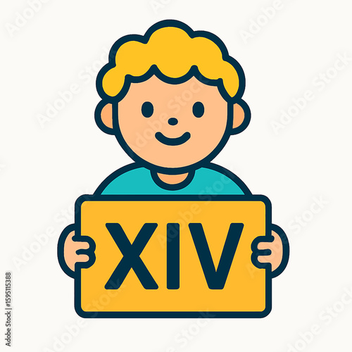 Smiling boy holds sign with Roman numeral XIV, representing number 14