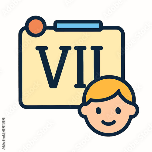 Child learning Roman numerals, educational concept with a happy student and a sign showing the number seven.