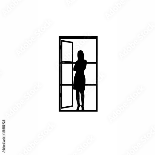 Woman Looking Out Window with Arms Crossed Silhouette on white background