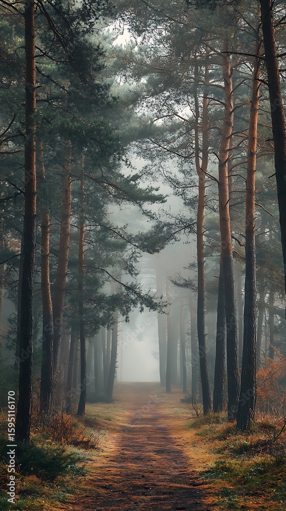Fototapeta premium Foggy woodland path cuts through trees, promising quiet escape and natural beauty