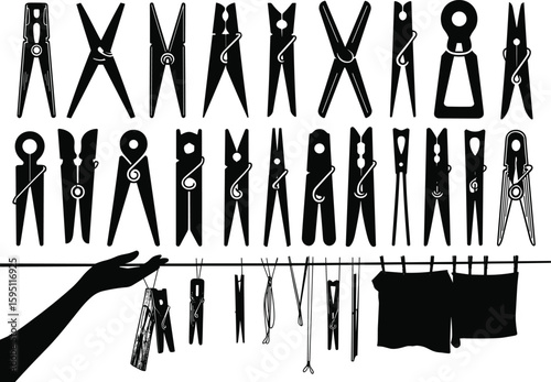 Assorted clothespins silhouette set, hand hanging laundry, drying rack elements, household vector collection, cad drawing flat vector illustration