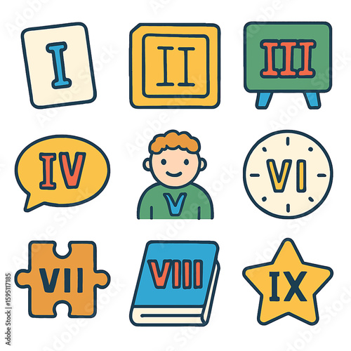 Collection of Roman numerals and educational icons including a person, book, clock, and puzzle piece