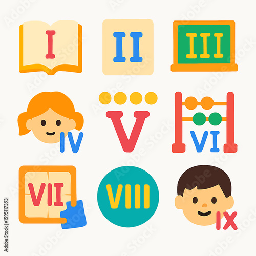 Learning Roman numerals from 1 to 9 with educational icons and children's faces.