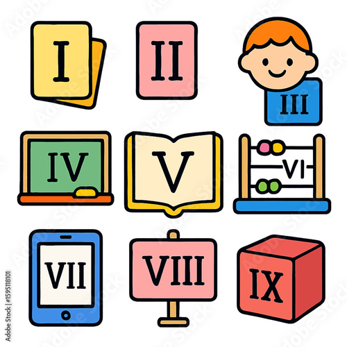 Learning Roman numerals from 1 to 9 with educational tools and icons